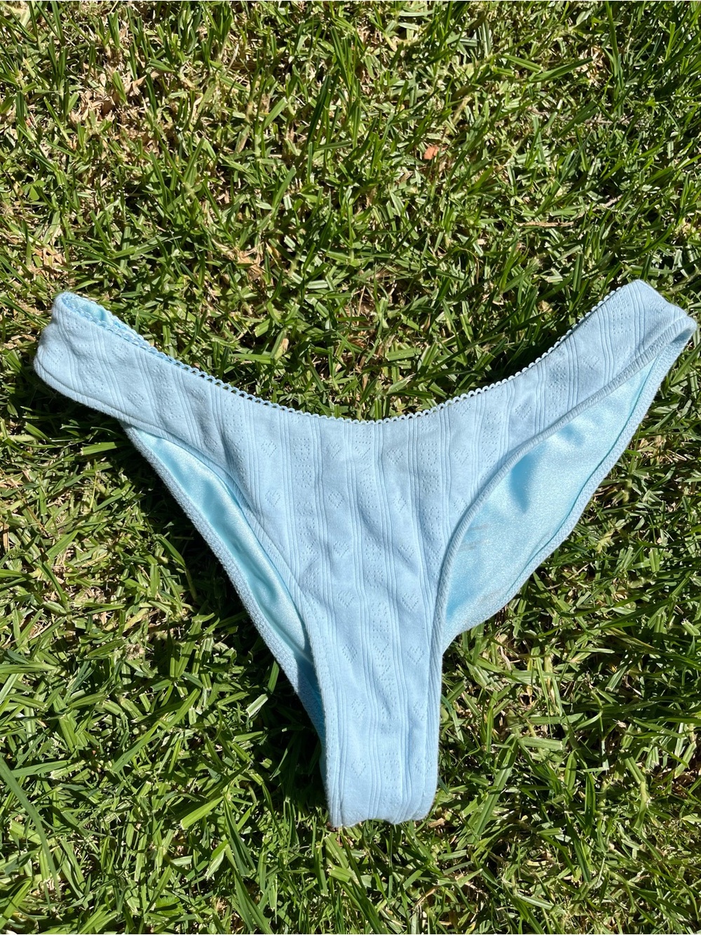Frankie’s Bikinis Katarina Pointelle Bikini Bottom L Blue Scalloped Trim Cheeky